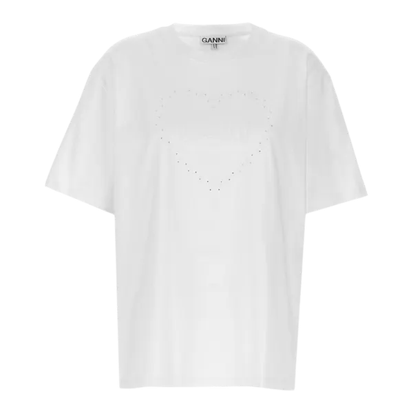 가니 헤비 코튼 드롭 숄더 하트 반소매 티셔츠 (W) Ganni Rhinestone Logo Embroidered T-Shirt Bright White T4033-151